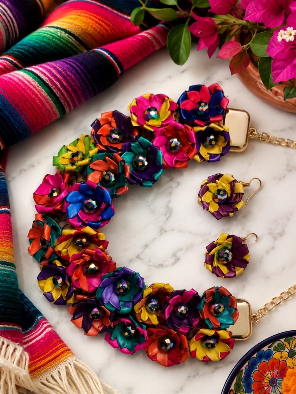 Multicolor Mexican Flower Necklace w /Earrings